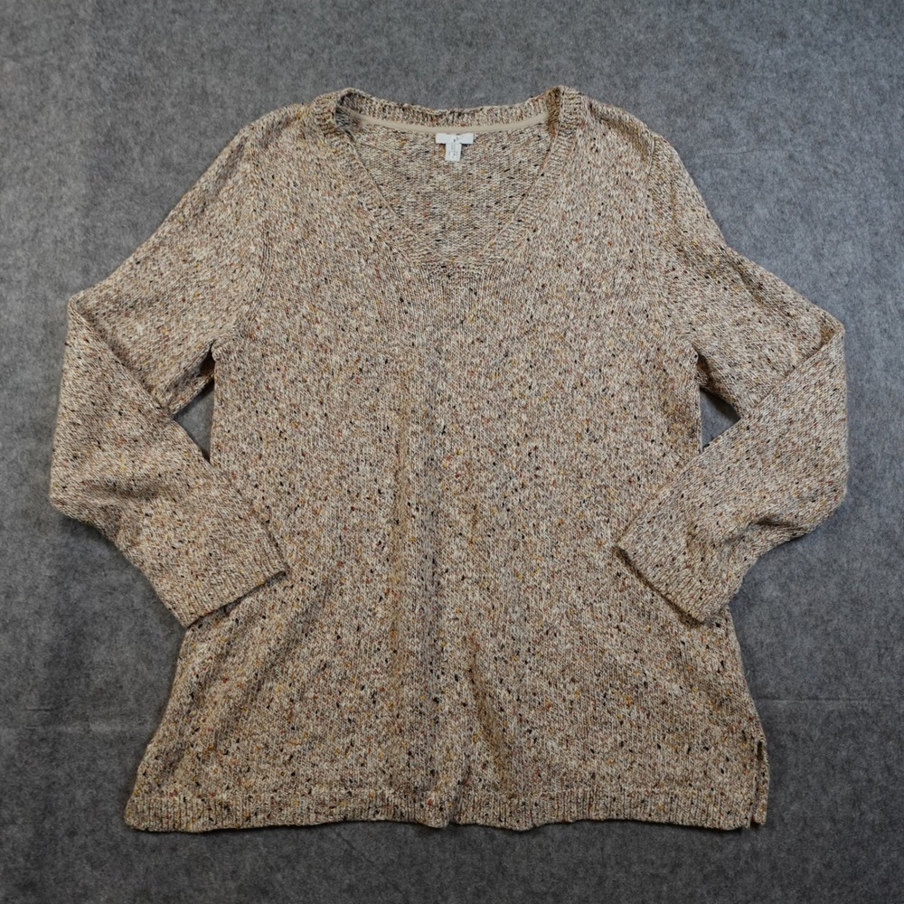 J Jill Sweater Womens Large Knit Marled Tan Brown VNeck Chunky
